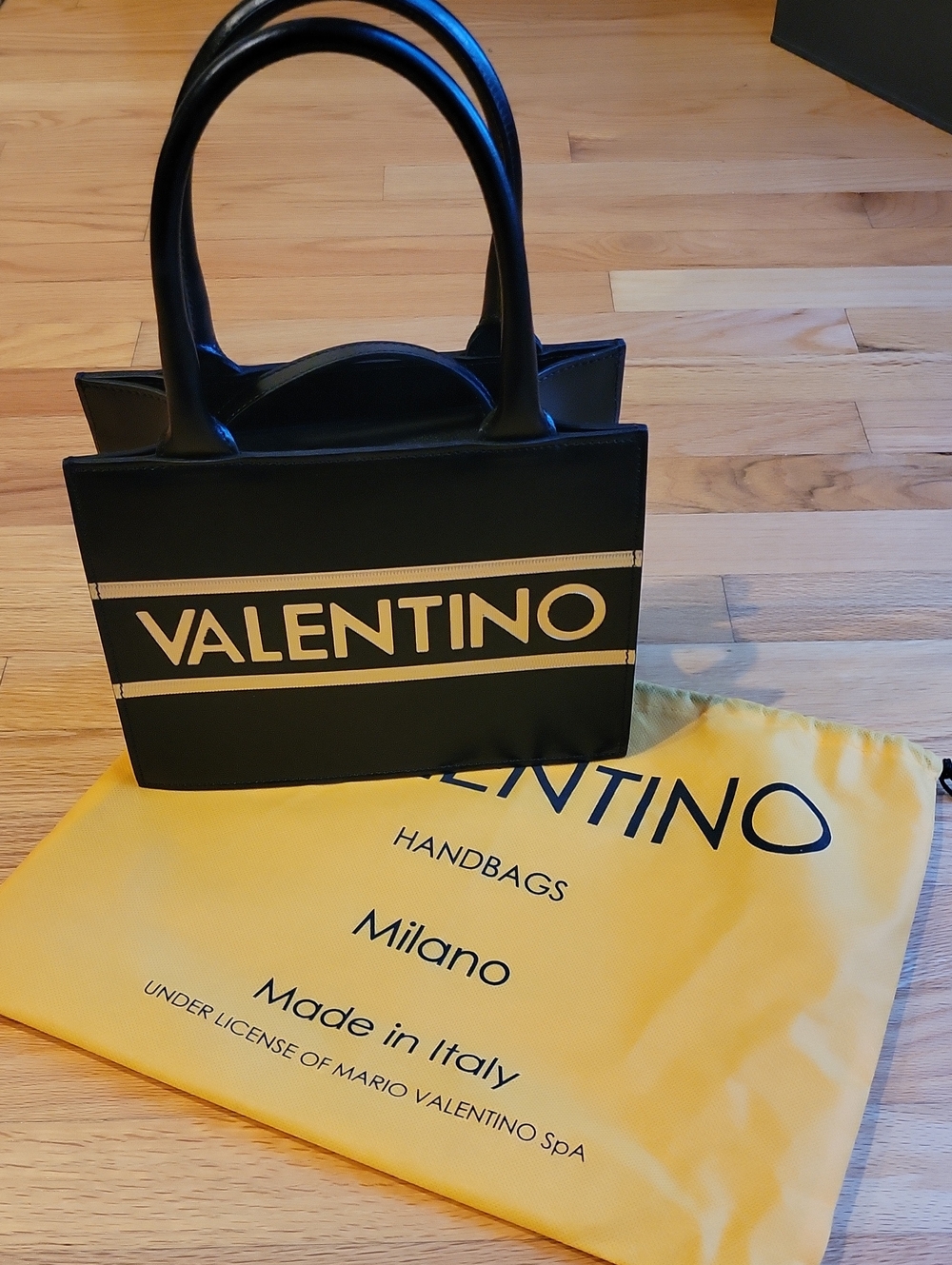 Valentino Black Tote with Gold Logo Stripes